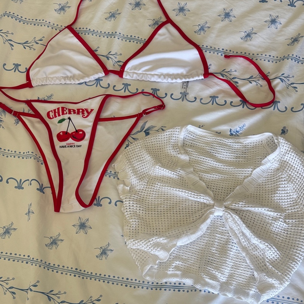 White & Red Cherry Graphic Triangle Swim Panty